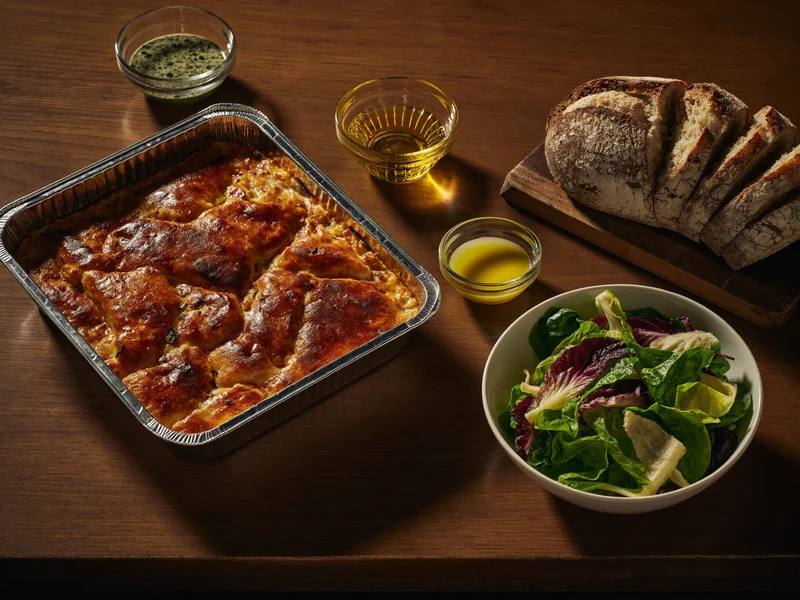 Familiemiddag med bagt pasta, salat og brød på et køkkenbord